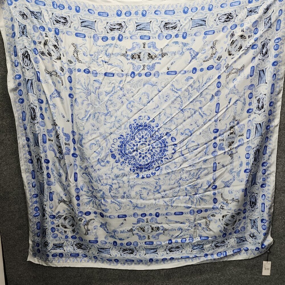 Chanel CC 100% Silk Square Scarf Stole White Blue Women's‎ Rare Italy NWT
